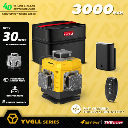 YEVOLT 16-Line Laser Level YVGLL4XS16G-515nm Green Beam 30m Visible Energy Saver 360° Coverage 4s Fast Self-Leveling