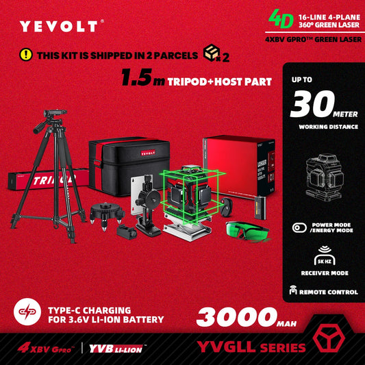 YEVOLT Laser Level Green Beam 16 Lines Self-leveling 360° Horizontal and Vertical Accurate Measuring Tools -YVGLL4XS16 Series