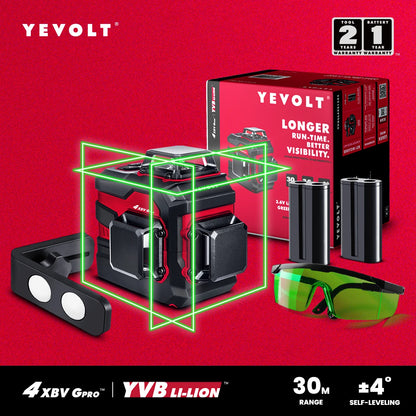 Nível a laser multiplano de 12 linhas YEVOLT YVGLL4XS12, nivelamento automático de linhas cruzadas, potência dupla, ultrapreciso, alcance de 30 m, para locais de trabalho e residências