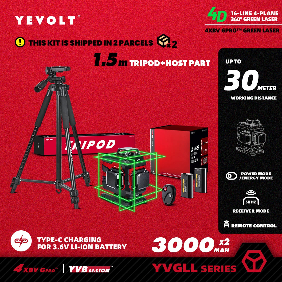 Nível a laser YEVOLT Green Beam, 16 linhas, autonivelante, 360°, 3D, horizontal e vertical, ferramentas de medição precisas - Série YVGLL4XS16