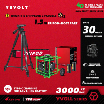 Nível a laser YEVOLT Green Beam, 16 linhas, autonivelante, 360°, 3D, horizontal e vertical, ferramentas de medição precisas - Série YVGLL4XS16