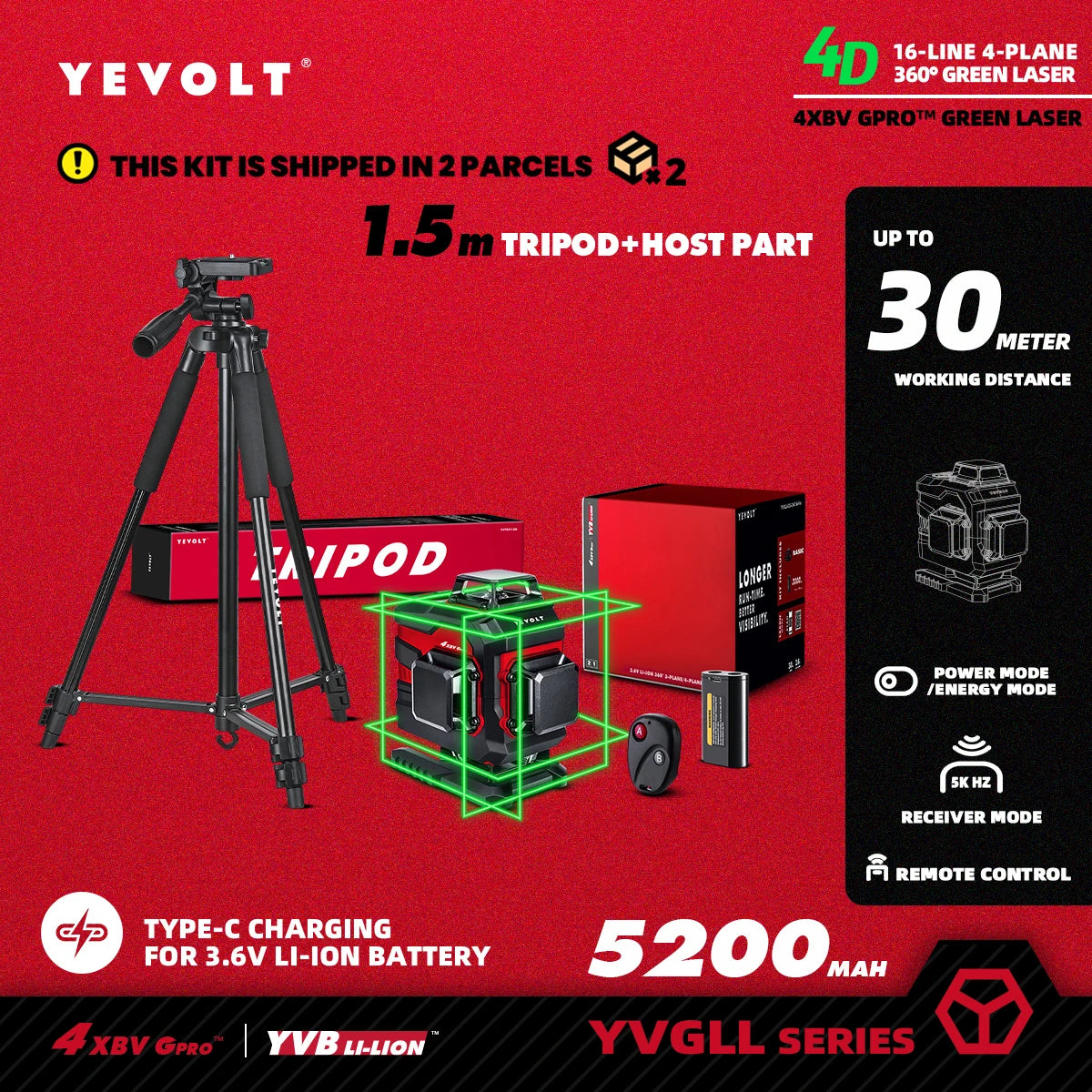 Nível a laser YEVOLT Green Beam 3D horizontal e vertical, 16 linhas, autonivelante, ferramentas de medição precisas de 360° - Série YVGLL4XS16