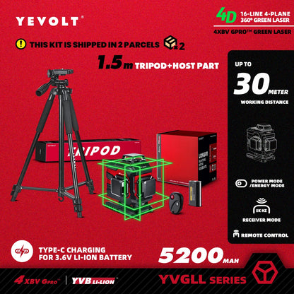 Nível a laser YEVOLT Green Beam 3D horizontal e vertical, 16 linhas, autonivelante, ferramentas de medição precisas de 360° - Série YVGLL4XS16