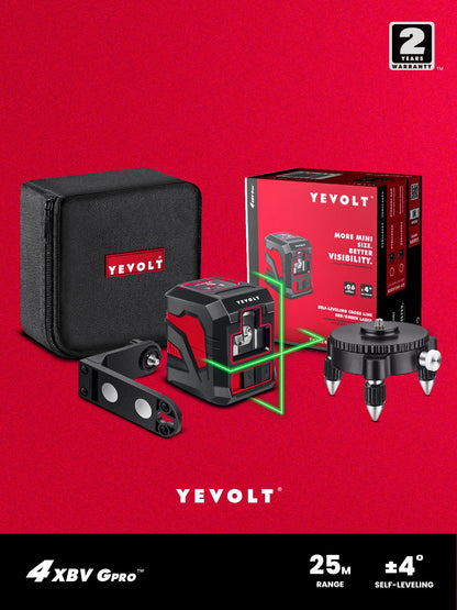 Kit de nivel láser verde de líneas cruzadas YEVOLT YVGLL4XS2B1-b, base giratoria de 2 líneas, autonivelante, herramientas de medición para maquinaria de construcción
