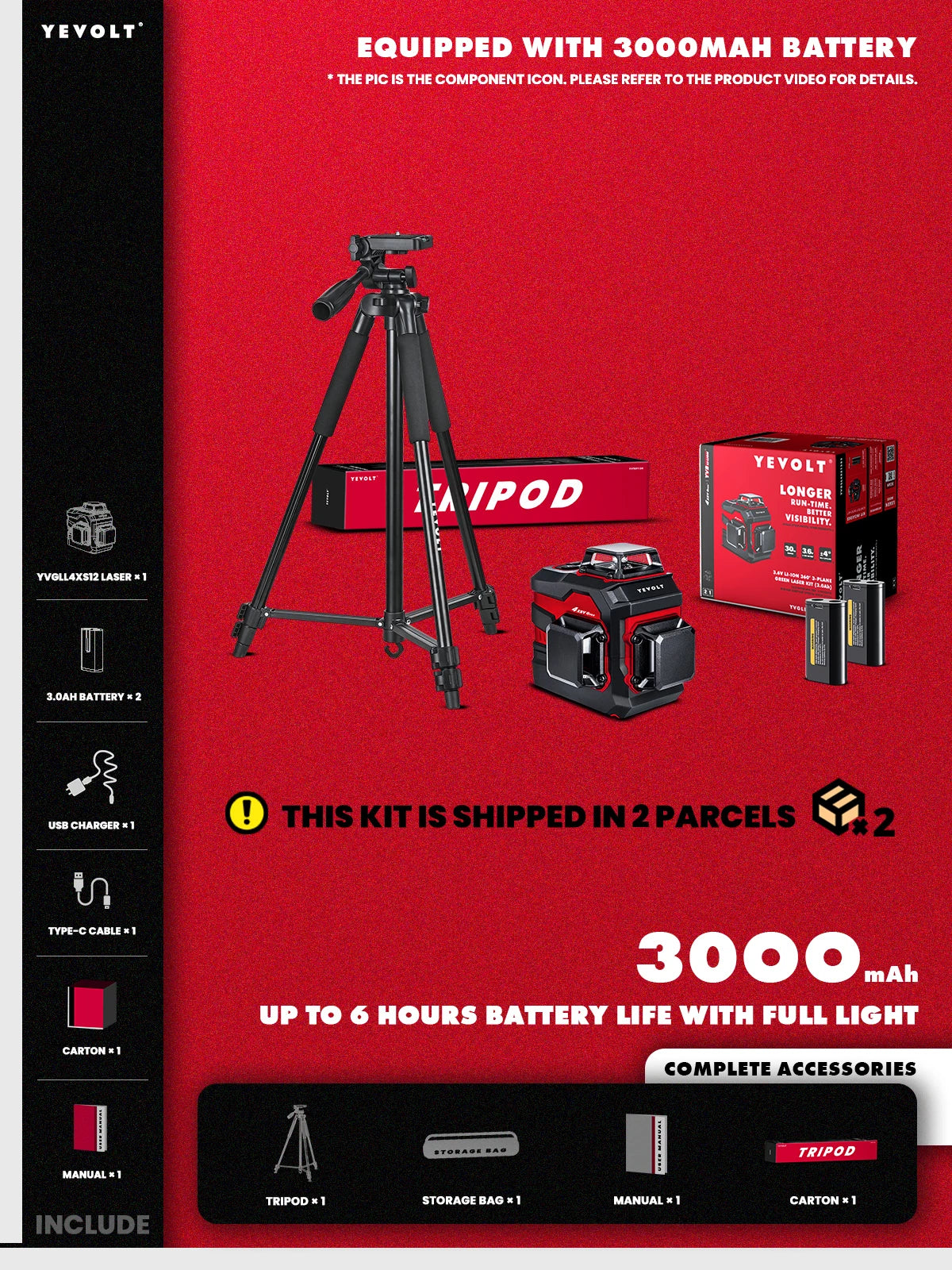 Nível a laser verde série YEVOLT YVGLL4XS12, 3 planos, 12 linhas, autonivelante, 360 graus, horizontal e vertical, 3,6 V, 3 Ah, ferramentas elétricas