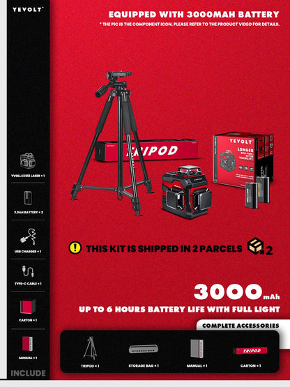 Nível a laser verde série YEVOLT YVGLL4XS12, 3 planos, 12 linhas, autonivelante, 360 graus, horizontal e vertical, 3,6 V, 3 Ah, ferramentas elétricas