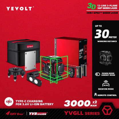 Nível a laser verde YEVOLT YVGLL4XS-Series autonivelante, 3/4 planos, 12/16 linhas, 360 graus, 3D/4D, ferramenta de medição de linhas horizontais e verticais