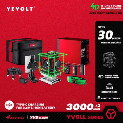 Nível a laser YEVOLT Green Beam, 16 linhas, autonivelante, 360°, 3D, horizontal e vertical, ferramentas de medição precisas - Série YVGLL4XS16