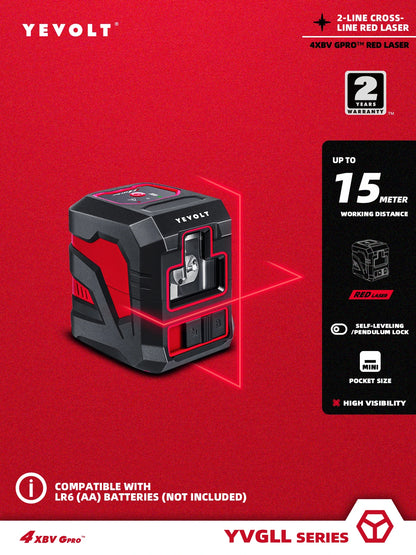 Nível a laser vermelho/verde série YEVOLT YVRLL4XS2/YVGLL4XS2G, linha cruzada, 2 linhas, autonivelante, portátil, leve, ferramenta de medição