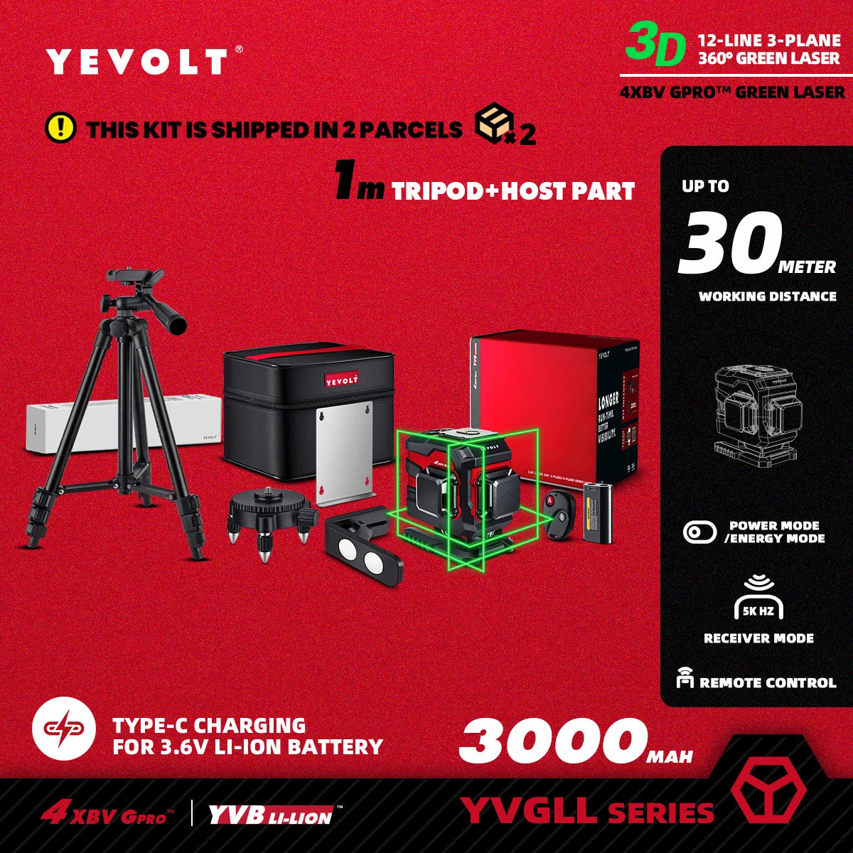 Nível a laser verde YEVOLT TL-YVGLL4XS-Series 3/4-Plano 12/16-Linhas Autonivelante 360 ​​3D/4D Ferramenta de medição de potência - Tripé de 1 m