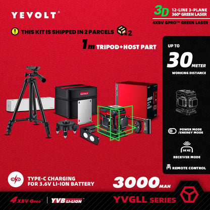 Nível a laser verde YEVOLT 3/4-Plano TL-YVGLL4XS-Series 12/16-Linhas Autonivelante 360 ​​3D/4D Ferramenta de medição de potência - Tripé de 1 m