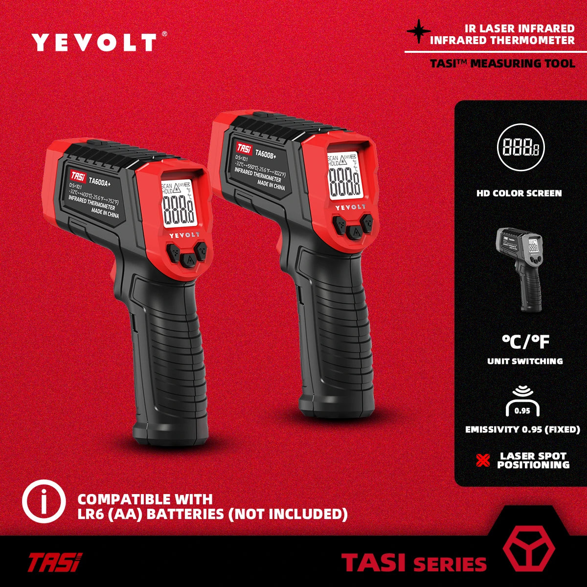 Termômetro infravermelho digital série YEVOLT TA600+, portátil, sem contato, infravermelho, laser, pistola de calor, temperatura, tela HD para cozinhar