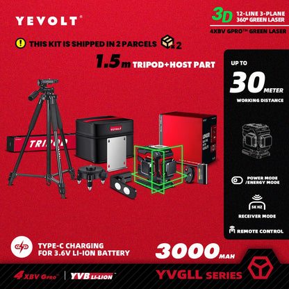 Nível a laser YEVOLT YVGLL4XS12T 3D, 12 linhas, autonivelante, 3 Ah/5,2 Ah, íons de lítio, ferramentas de medição horizontal e vertical 360