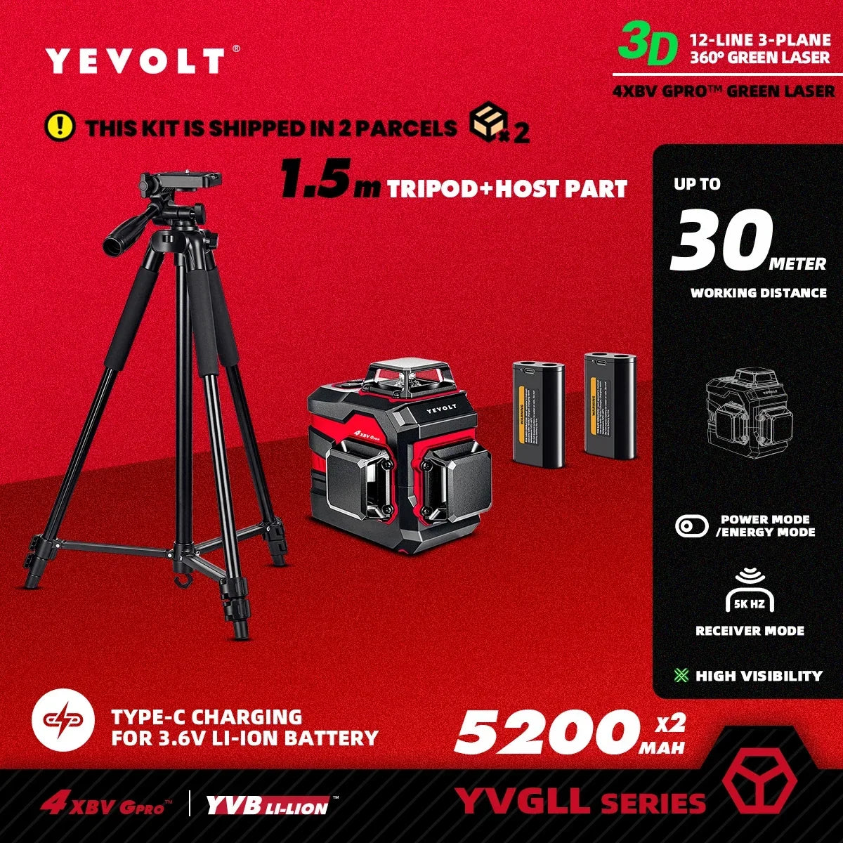 Nível a laser rotativo YEVOLT YVGLL4XS12 TriPlane de 12 linhas, autonivelante IP54, potência dupla, precisão, cobertura de 30 m, para locais de trabalho e residências