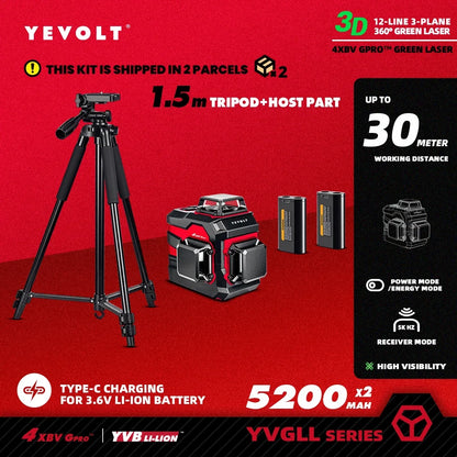 Nível a laser rotativo YEVOLT YVGLL4XS12 TriPlane de 12 linhas, autonivelante IP54, potência dupla, precisão, cobertura de 30 m, para locais de trabalho e residências