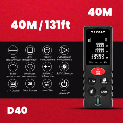 Medidor de distância a laser da série D da YEVOLT, 40/60/80/100 m, fita métrica digital com retroiluminação de área/volume/pitagórica