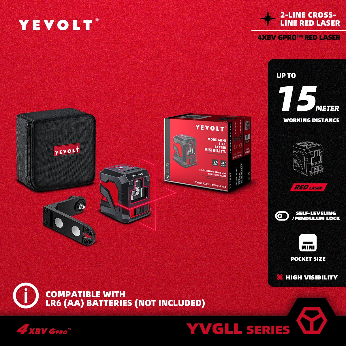 Nível de laser de linha cruzada YEVOLT YVRLL4XS2/YVGLL4XS2 Vermelho/Verde 2 linhas autonivelantes ferramentas de construção