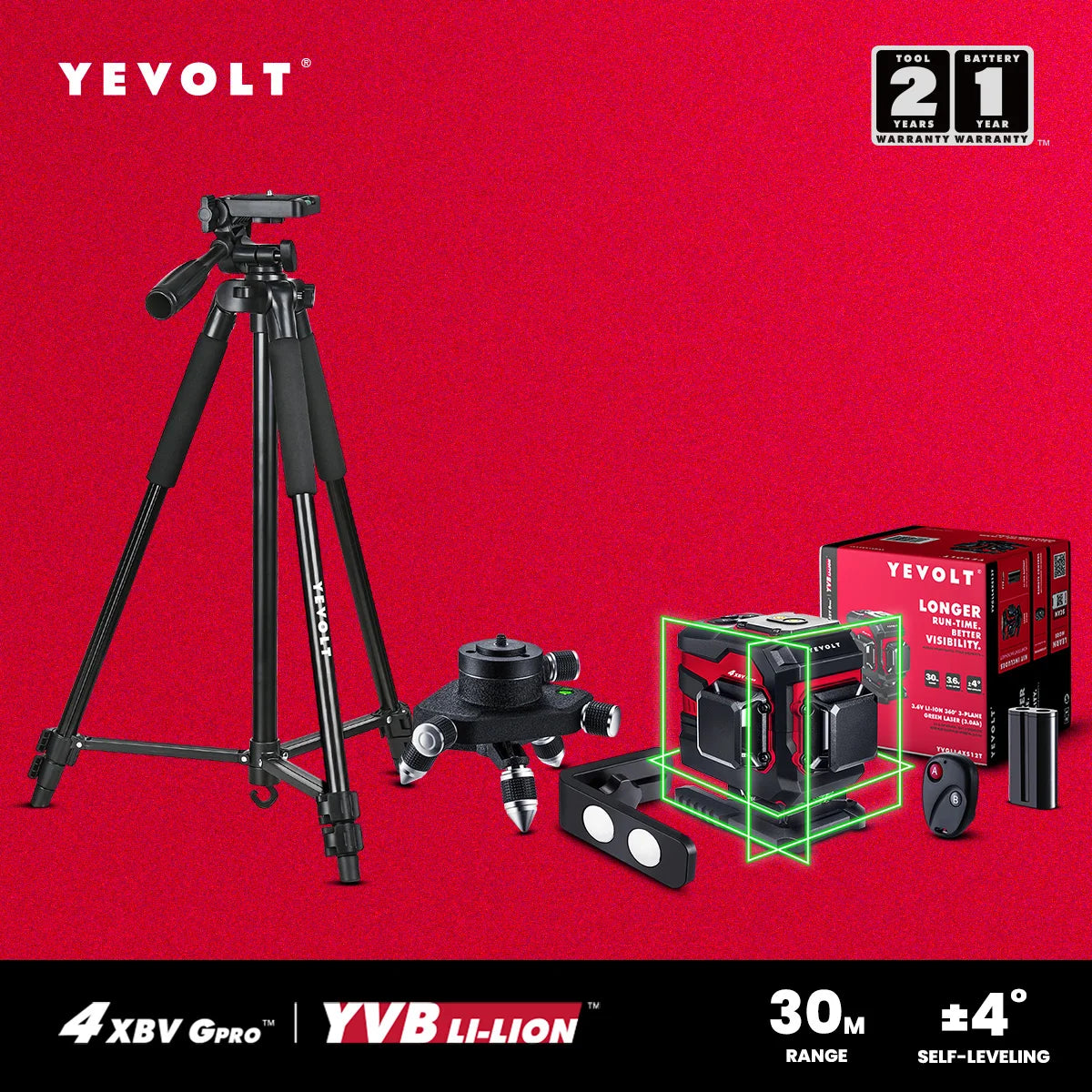 Nível a laser comercial YEVOLT YVGLL4XS12T 3D 360° de 12 linhas FloorMaster autonivelante para alinhamento de pavimentação externa Cobertura ultraprecisa de 30 m