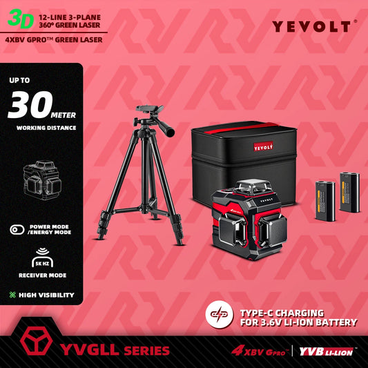 Laser Level YVGLL4XS12 12-Line Green Beam with Pulse Mode Long Range Auto-Leveling Lock Slope Switch for DIY Home Improvement