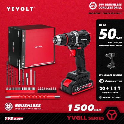 YEVOLT Electric Drill 20V Brushless 20+3 Impact Li-ion Compact Cordless Driver Handheld Screwdriver Power ToolYVGBD20DU3 Series