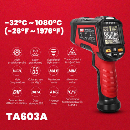 Termômetro infravermelho digital série YEVOLT TA603, portátil, sem contato, infravermelho, laser, pistola de temperatura, tela colorida, luz de fundo