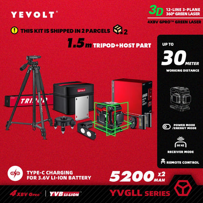 Nível a laser YEVOLT YVGLL4XS12T 3D, 12 linhas, autonivelante, 3 Ah/5,2 Ah, íons de lítio, ferramentas de medição horizontal e vertical 360
