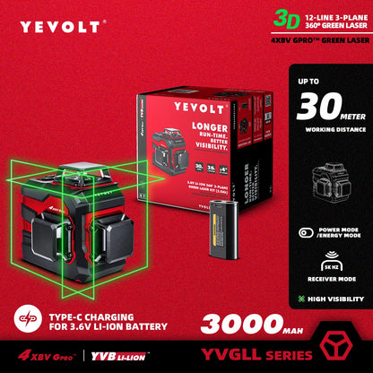 Nível de laser verde de 3 planos da série YEVOLT YVGLL4XS12 com alimentação de íons de lítio de 3,6 V, 360, 12 linhas, ferramentas horizontais e verticais autonivelantes 3D