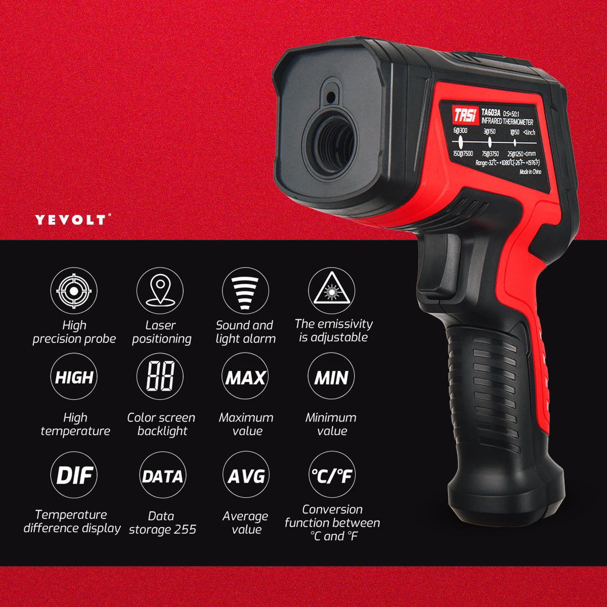 Termômetro infravermelho digital série YEVOLT TA603, portátil, sem contato, infravermelho, laser, pistola de temperatura, tela colorida, luz de fundo