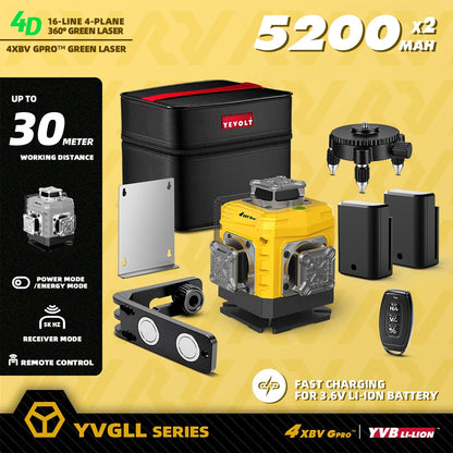 YEVOLT 16-Line Laser Level YVGLL4XS16G-515nm Green Beam 30m Visible Energy Saver 360° Coverage 4s Fast Self-Leveling