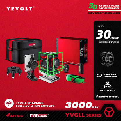 Nível a laser verde YEVOLT YVGLL4XS-Series autonivelante, 3/4 planos, 12/16 linhas, 360 graus, 3D/4D, ferramenta de medição de linhas horizontais e verticais