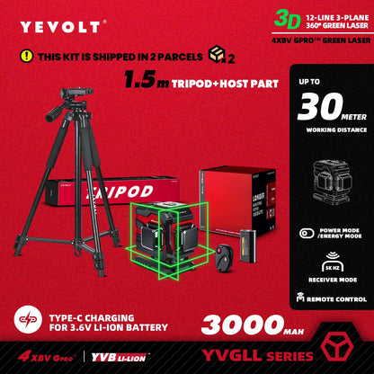 Nível a laser YEVOLT YVGLL4XS12T 3D, 12 linhas, autonivelante, 3 Ah/5,2 Ah, íons de lítio, ferramentas de medição horizontal e vertical 360
