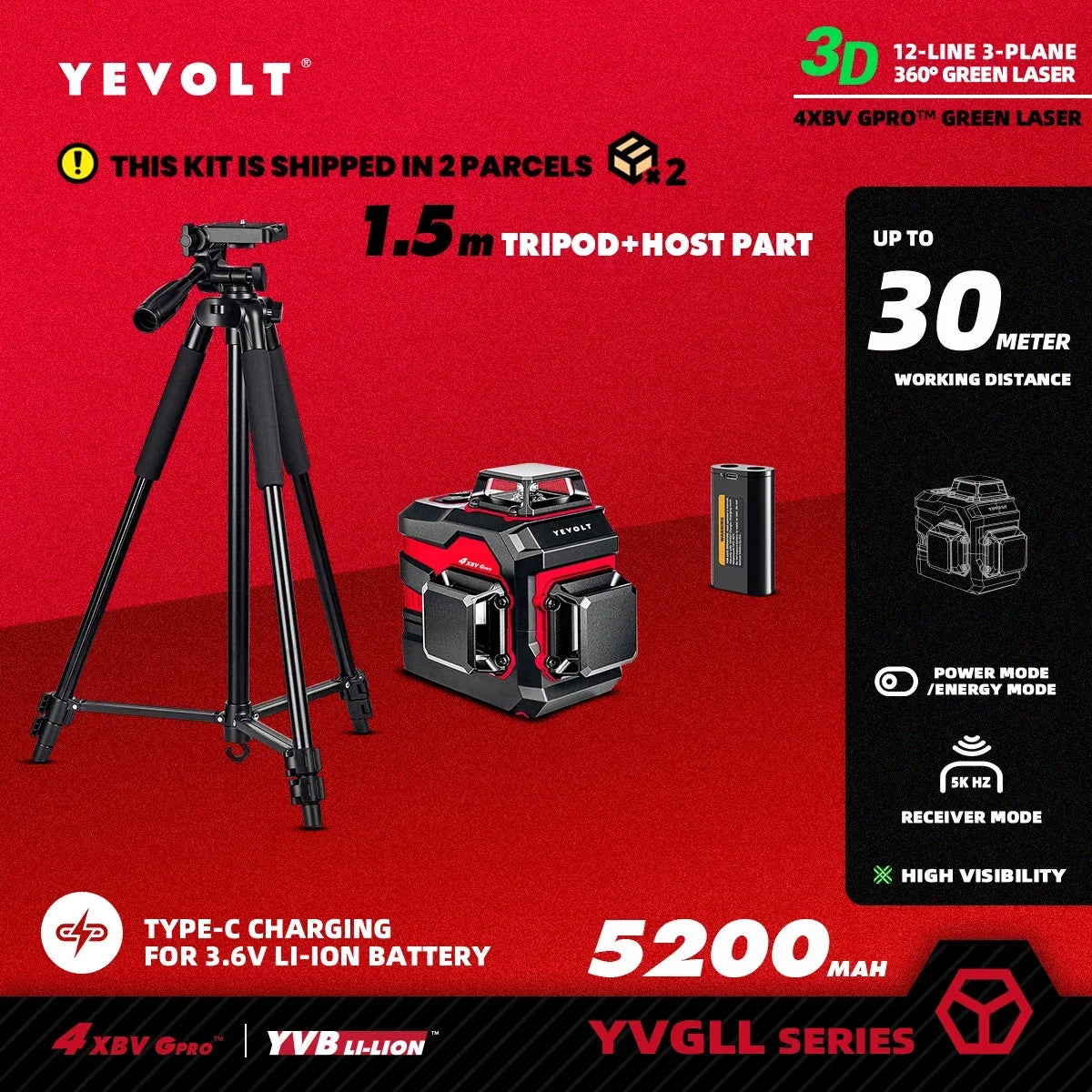 Nível a laser rotativo YEVOLT YVGLL4XS12 TriPlane de 12 linhas, autonivelante IP54, potência dupla, precisão, cobertura de 30 m, para locais de trabalho e residências