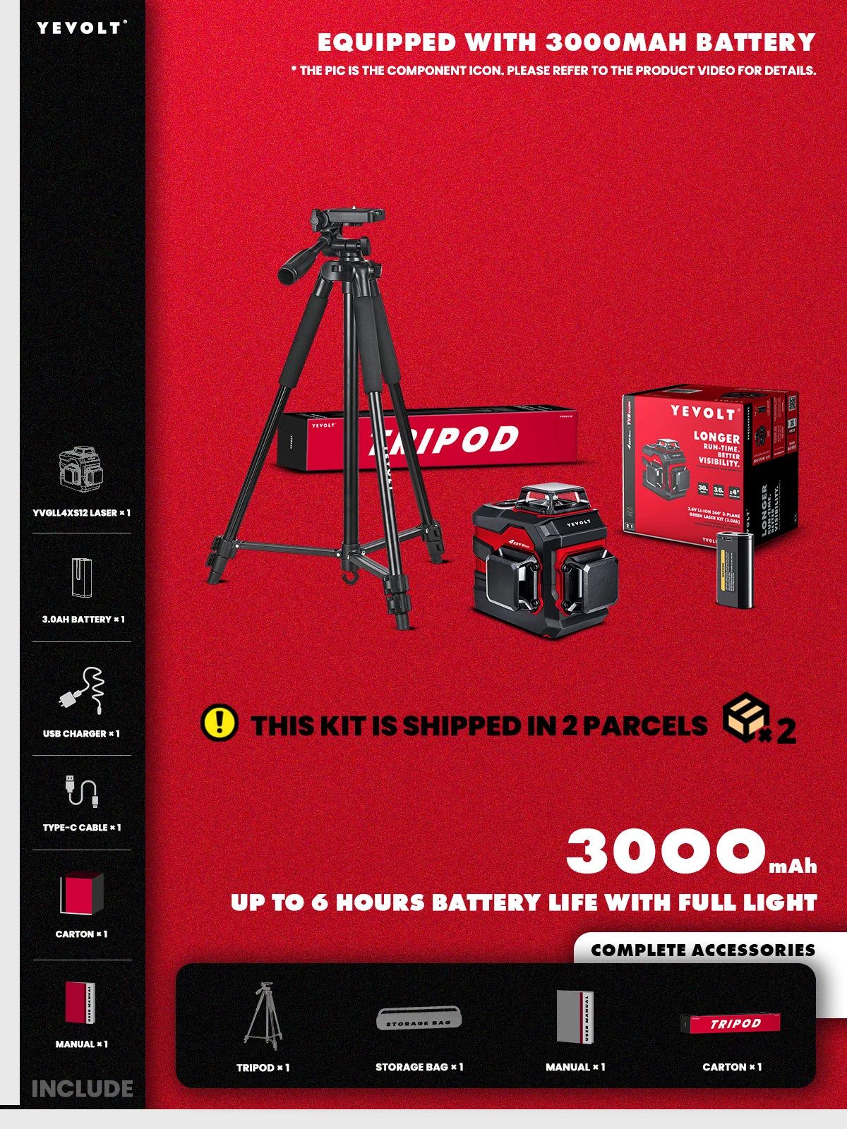 Nível a laser verde série YEVOLT YVGLL4XS12, 3 planos, 12 linhas, autonivelante, 360 graus, horizontal e vertical, 3,6 V, 3 Ah, ferramentas elétricas
