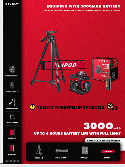 Nível a laser verde série YEVOLT YVGLL4XS12, 3 planos, 12 linhas, autonivelante, 360 graus, horizontal e vertical, 3,6 V, 3 Ah, ferramentas elétricas