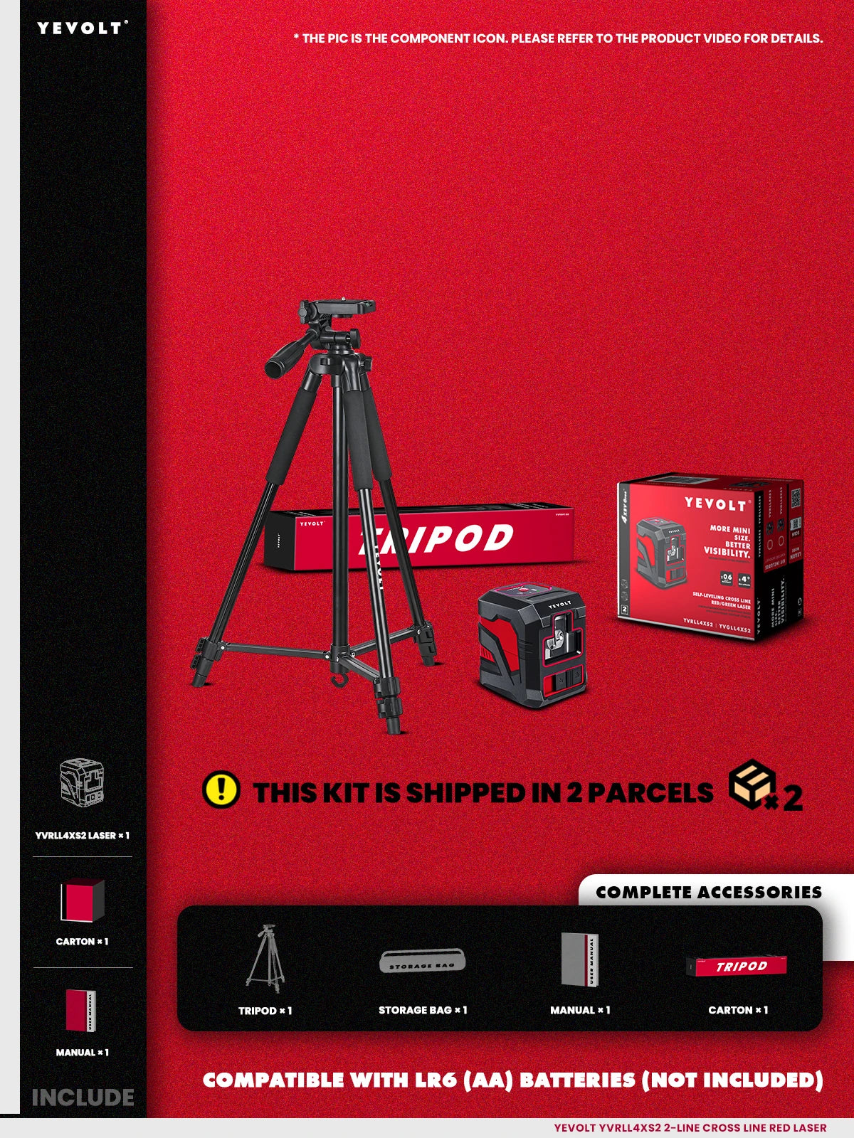YEVOLT Cross Line Laser Level Red/Green Self-leveling DIY 2-Line Efficient Layout and Alignment Measuring - YVRLL4XS2/YVGLL4XS2