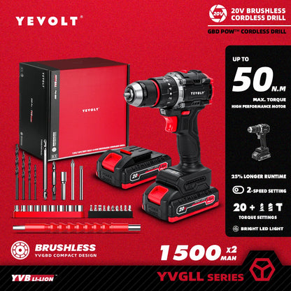 YEVOLT Electric Drill 20V Brushless 20+3 Impact Li-ion Compact Cordless Driver Handheld Screwdriver Power ToolYVGBD20DU3 Series