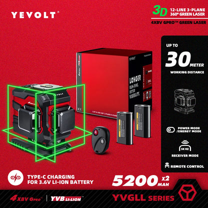 Nível a laser verde YEVOLT YVGLL4XS-Series autonivelante, 3/4 planos, 12/16 linhas, 360 graus, 3D/4D, ferramenta de medição de linhas horizontais e verticais