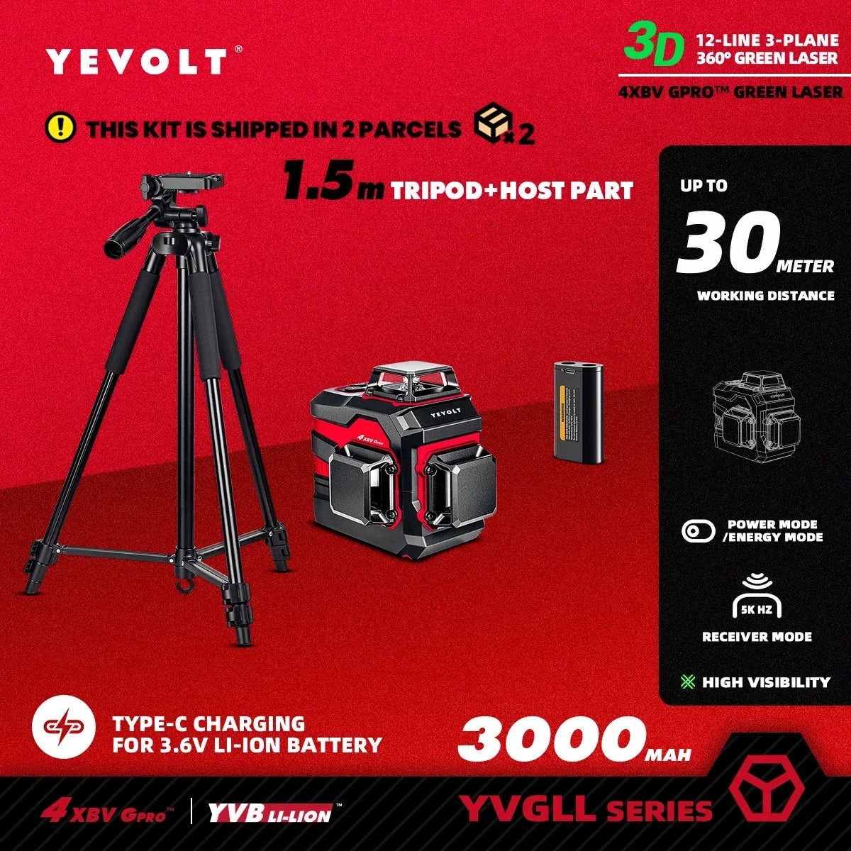 Nível a laser rotativo YEVOLT YVGLL4XS12 TriPlane de 12 linhas, autonivelante IP54, potência dupla, precisão, cobertura de 30 m, para locais de trabalho e residências