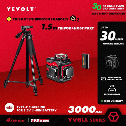 Nível a laser rotativo YEVOLT YVGLL4XS12 TriPlane de 12 linhas, autonivelante IP54, potência dupla, precisão, cobertura de 30 m, para locais de trabalho e residências