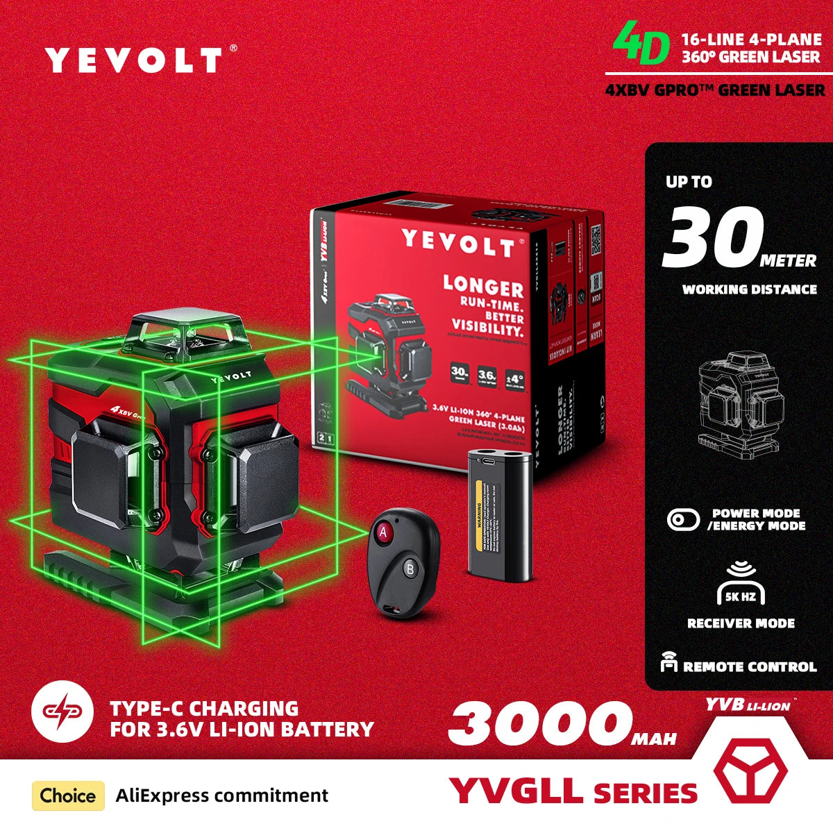 YEVOLT YVGLL4XS16 Nível a laser verde de 16 linhas e 4 planos, ferramentas 4D com potência de 3000 mAh, máquina autoniveladora horizontal e vertical