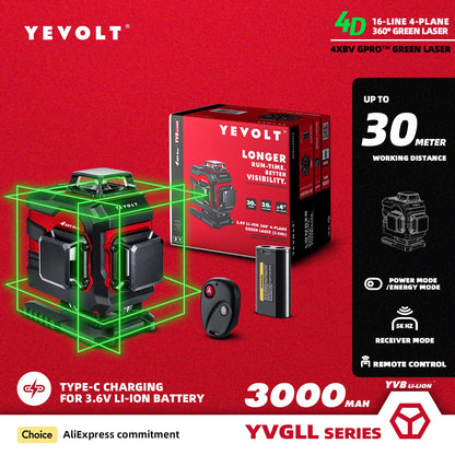 YEVOLT YVGLL4XS16 Nível a laser verde de 16 linhas e 4 planos, ferramentas 4D com potência de 3000 mAh, máquina autoniveladora horizontal e vertical