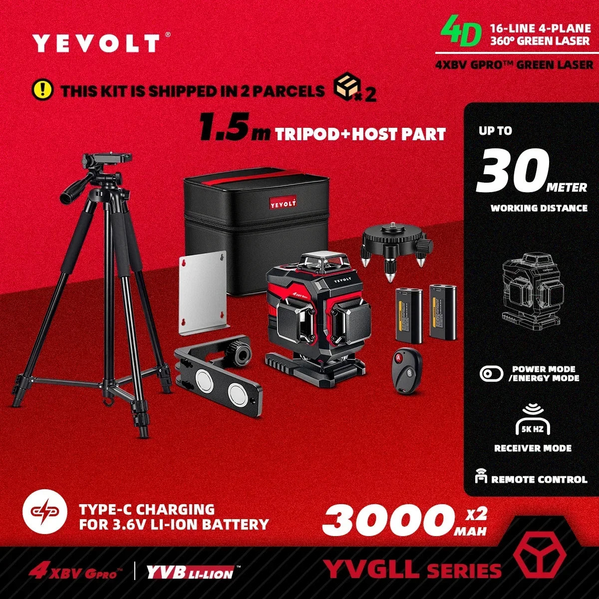 YEVOLT YVGLL4XS16 Nível a laser rotativo de 16 linhas de layout completo Sistema de alinhamento de ladrilhos autonivelante QuikTilt Alcance de 30 m de precisão