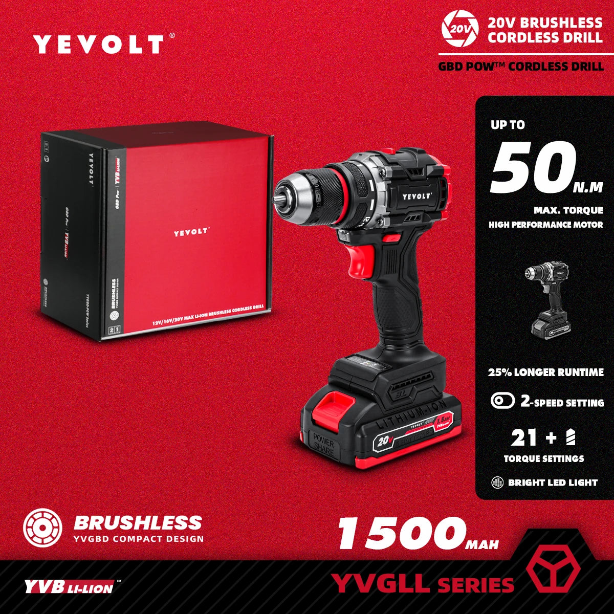 YEVOLT 20V Brushless Electric Drill  Handheld Screwdriver Li-ion Compact Cordless 21+1 Driver Power Tools-YVGBD20DU2 Series