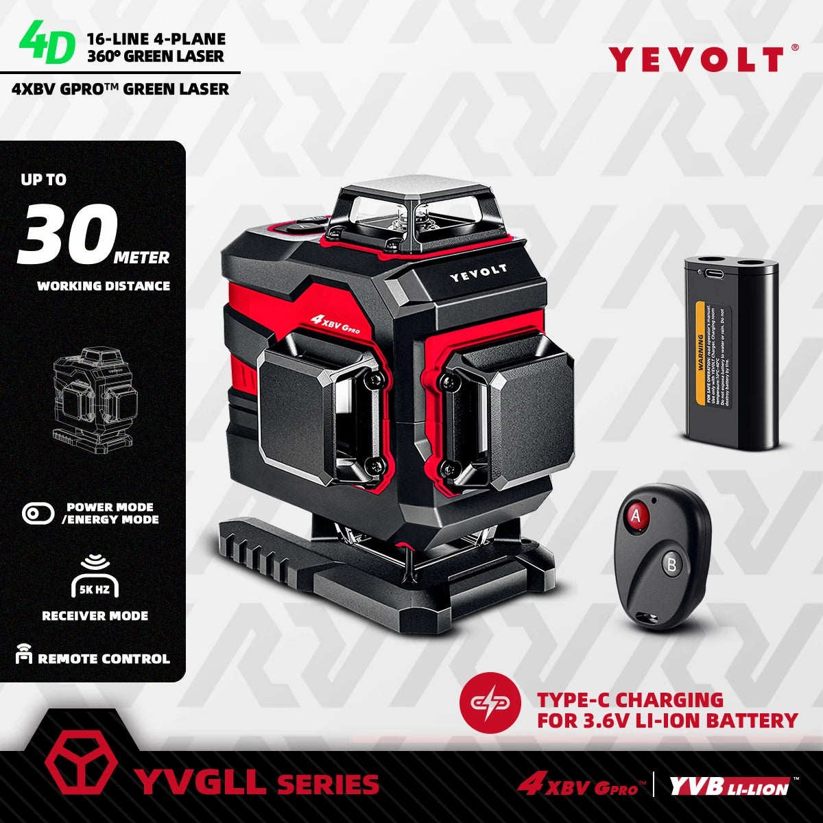 Gerador de nível a laser autonivelante YEVOLT YVGLL4XS16 de 4 planos e 16 linhas com ±4° para marcação de pisos de armazém, alta precisão, alcance de trabalho de 30 m