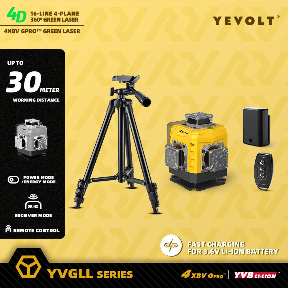 Nível a laser YEVOLT YVGLL4XS16G, feixe verde de 515 nm, autonivelante de ±4°, rosca de 1/4" - interruptor estroboscópico/claro/escuro, tempo de execução contínuo