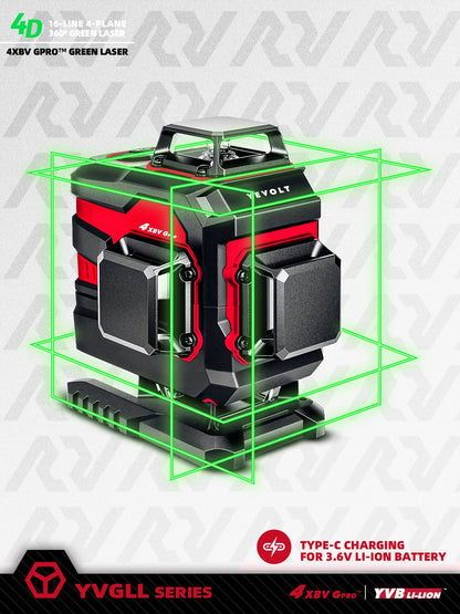 Nível a laser verde YEVOLT YVGLL4XS16 Seires 4D 16 linhas, controle remoto, máquina autoniveladora, ferramentas horizontais e verticais