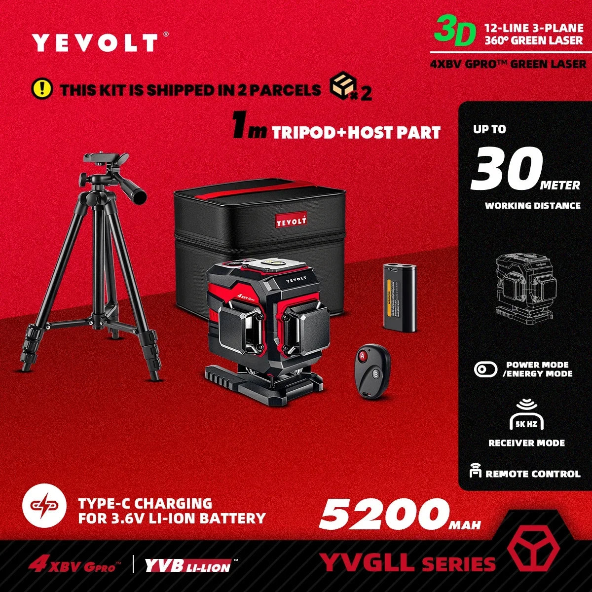 Gerador de nível a laser YEVOLT YVGLL4XS12T 360° de 12 linhas, sistema de alinhamento de ladrilhos autonivelante FloorMaster de alta precisão - alcance de 30 m