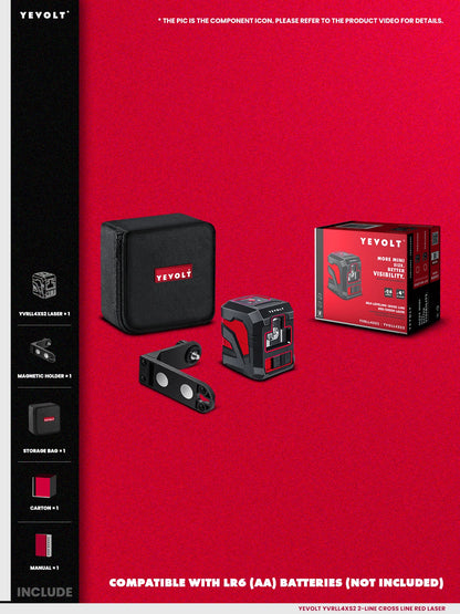 Nível a laser vermelho/verde série YEVOLT YVRLL4XS2/YVGLL4XS2G, linha cruzada, 2 linhas, autonivelante, portátil, leve, ferramenta de medição