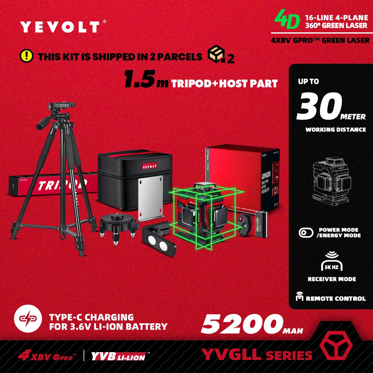 Nível a laser YEVOLT Green Beam 3D horizontal e vertical, 16 linhas, autonivelante, ferramentas de medição precisas de 360° - Série YVGLL4XS16