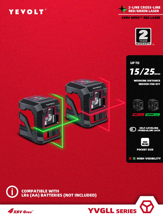 YEVOLT YVRLL4XS2/YVGLL4XS2 Cross Line Laser Level Red/Green 2-Line Self-leveling Construction Tools